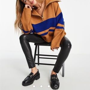 Mango half zip sweater in brown with blue contrast stripes